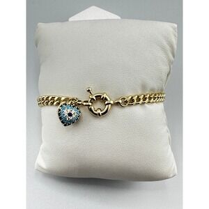 Gold Tone Curb Chain Bracelet Heart Evil Eye Turquoise Pave Charm Spring Ring